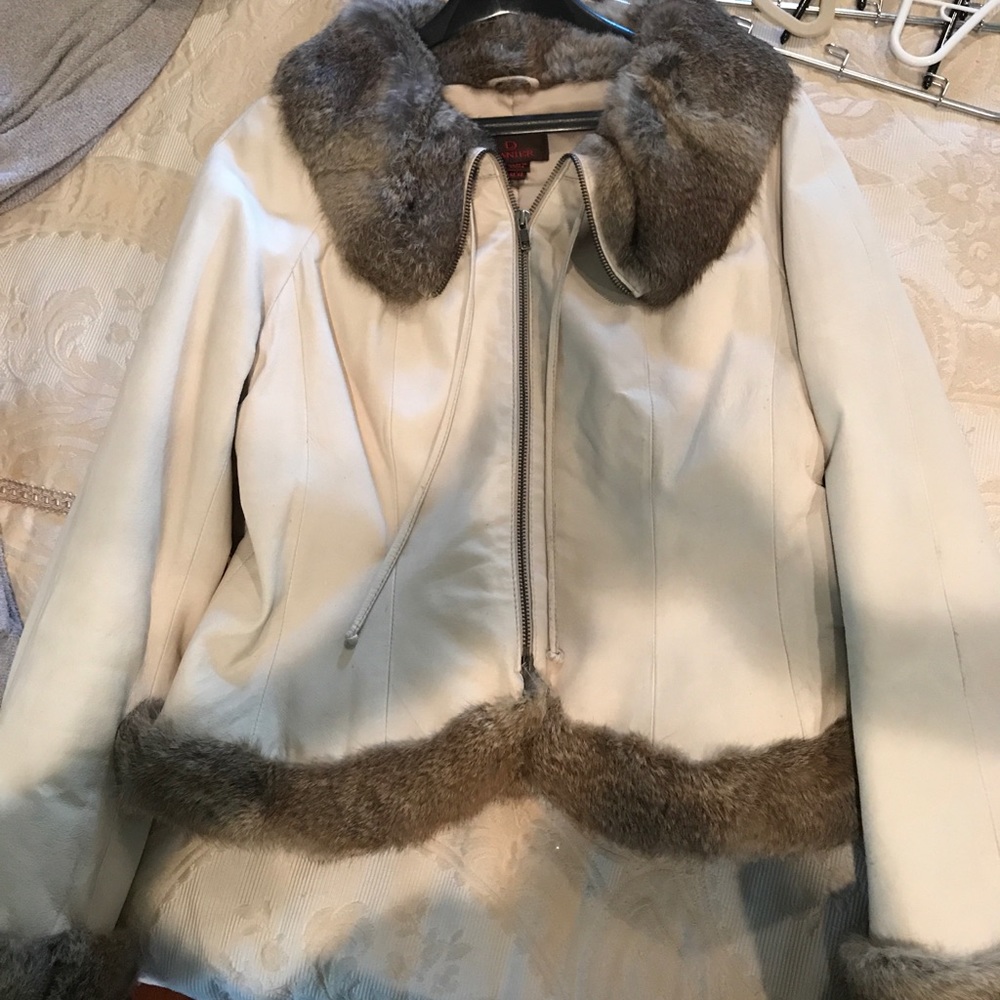 Cream colored leather jacket with rabbit fur trim